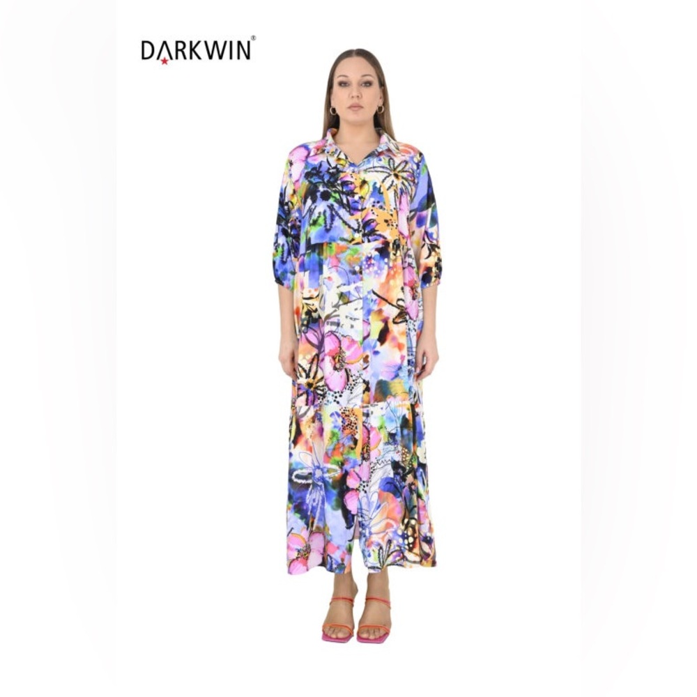 DARKWIN Wms Plus Size Multicolored Abstract Pleated Artsy Boho Maxi Dress 3XL‎